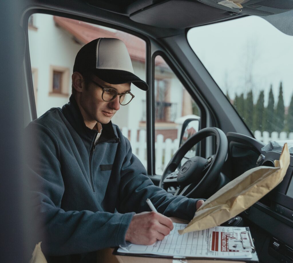 Delivery man evaluating package to mark that it has been delivered or not